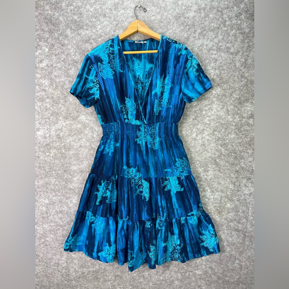 Blue Floral V-Neck Tiered Women's Dress